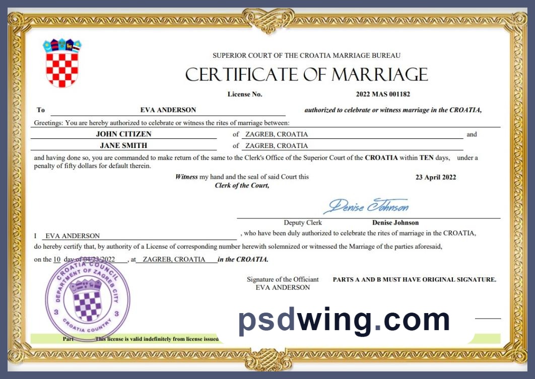 Croatia Marriage Certificate (Word & PDF)